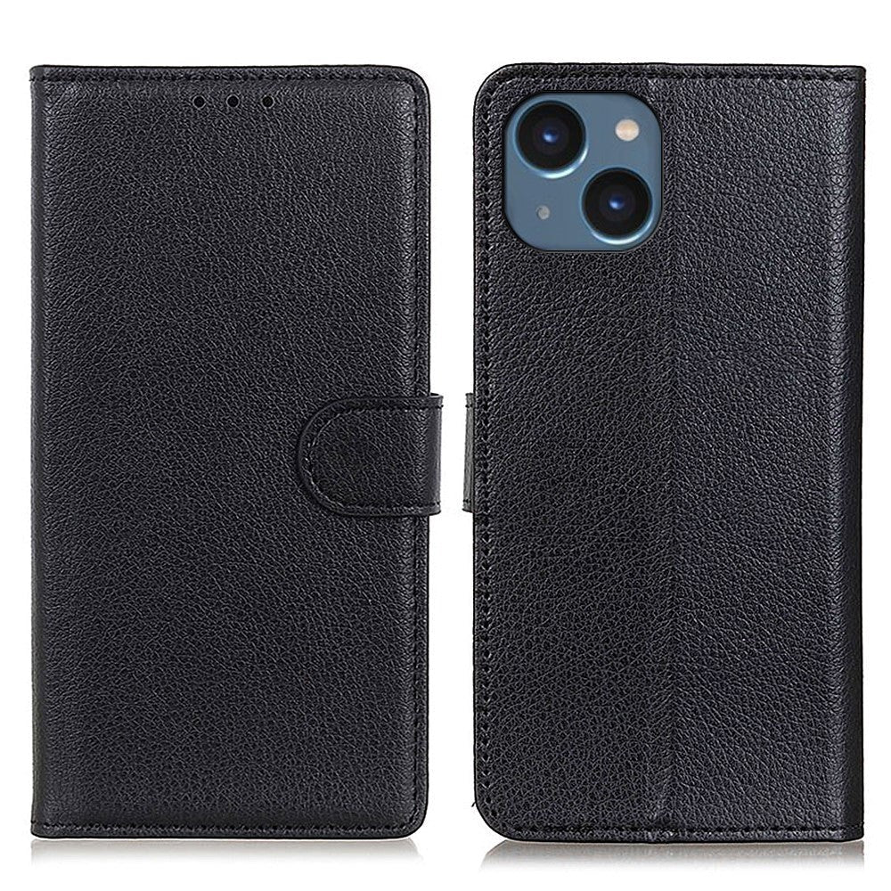 iPhone 15 Plus Litchi Læder Flip Cover m. Pung - Sort