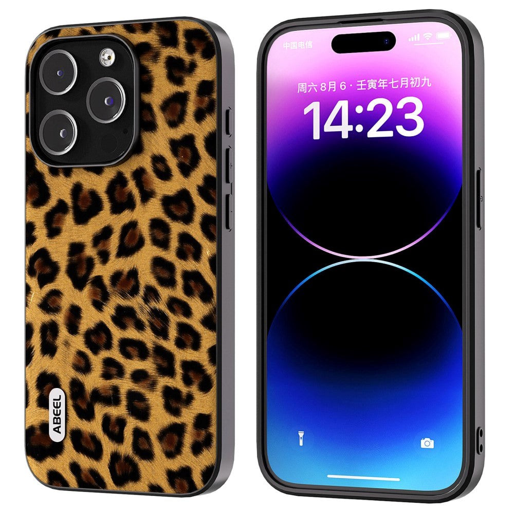 iPhone 15 Pro Max Fleksibelt Plast Bagside Cover - Leopard Mønster - Guld