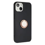iPhone 15 Fleksibelt Plastik Bagside Cover m. Magnetisk Ring Kickstand - Sort m. Rose Gold Ring