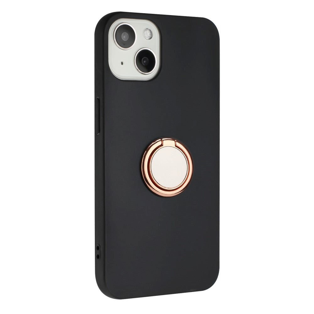 iPhone 15 Plus Fleksibelt Plastik Bagside Cover m. Magnetisk Ring Kickstand - Sort m. Rose Gold Ring