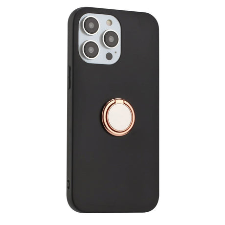 iPhone 15 Pro Fleksibelt Plastik Bagside Cover m. Magnetisk Ring Kickstand - Sort m. Rose Gold  Ring