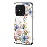 Xiaomi Redmi 12C Plastik Bagside Cover m. Glasbagside & Magnetisk Kickstand / Finger Ring - Hvid m. Blomster