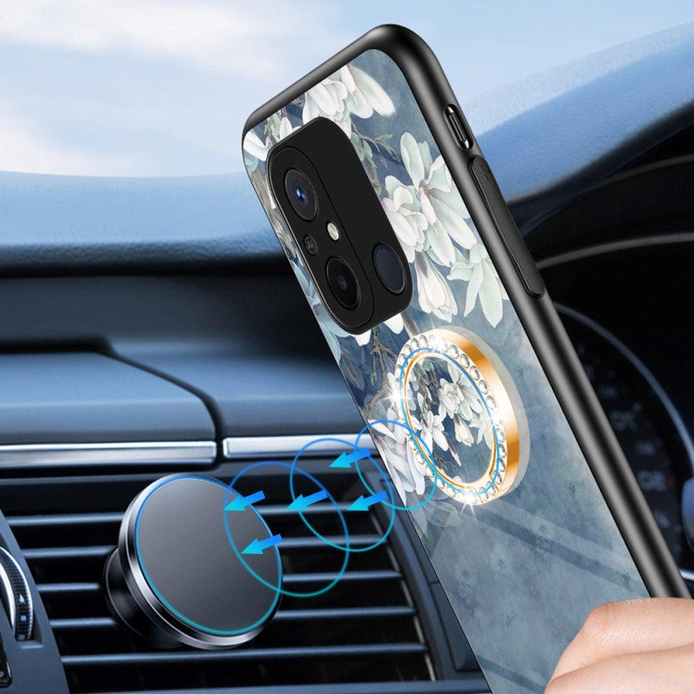 Xiaomi Redmi 12C Plastik Bagside Cover m. Glasbagside & Magnetisk Kickstand / Finger Ring - Blå m. Blomster