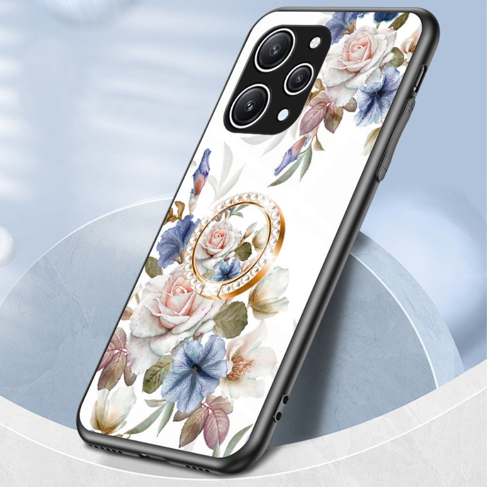 Xiaomi Redmi 12 (4G) Plastik Bagside Cover m. Glasbagside & Fingerring - Blomster Print - Hvid