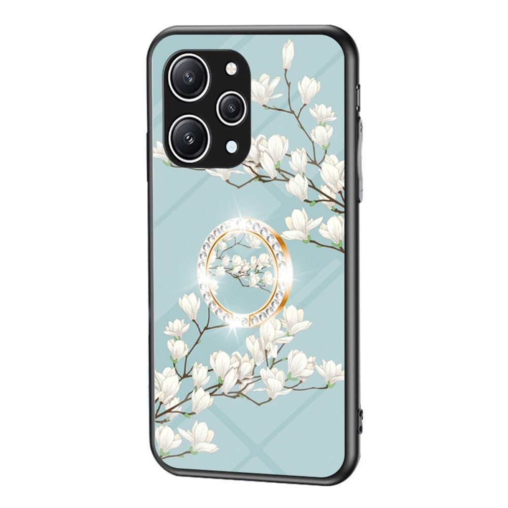 Xiaomi Redmi 12 (4G) Plastik Bagside Cover m. Glasbagside & Fingerring - Blomster Print - Turkis