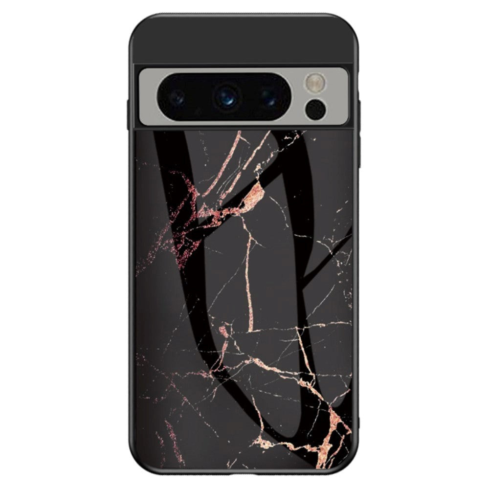 Google Pixel 8 Pro Plastik Bagside Cover m. Glasbagside - Sort & Guld Marmor