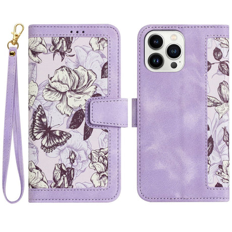 iPhone 15 Pro Læder Flip Cover m. Pung & Strop - Lilla m. Blomster og Sommerfugl