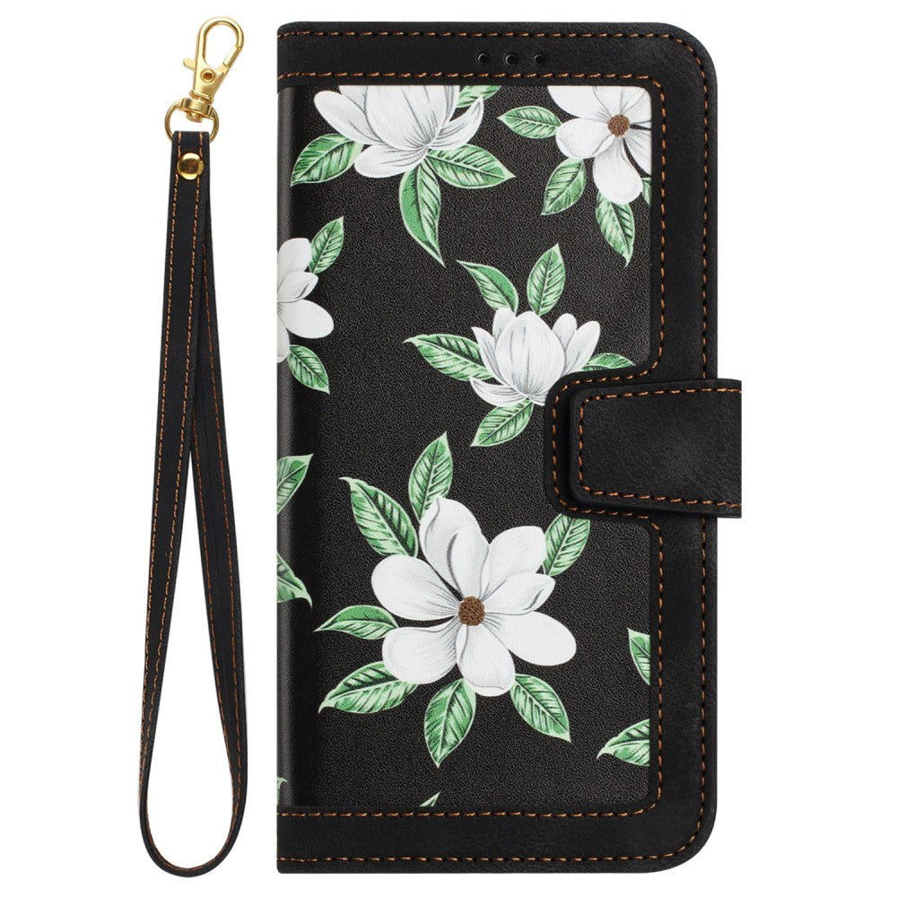 iPhone 15 Pro Læder Flip Cover m. Pung & Strop - Sort m. Blomster