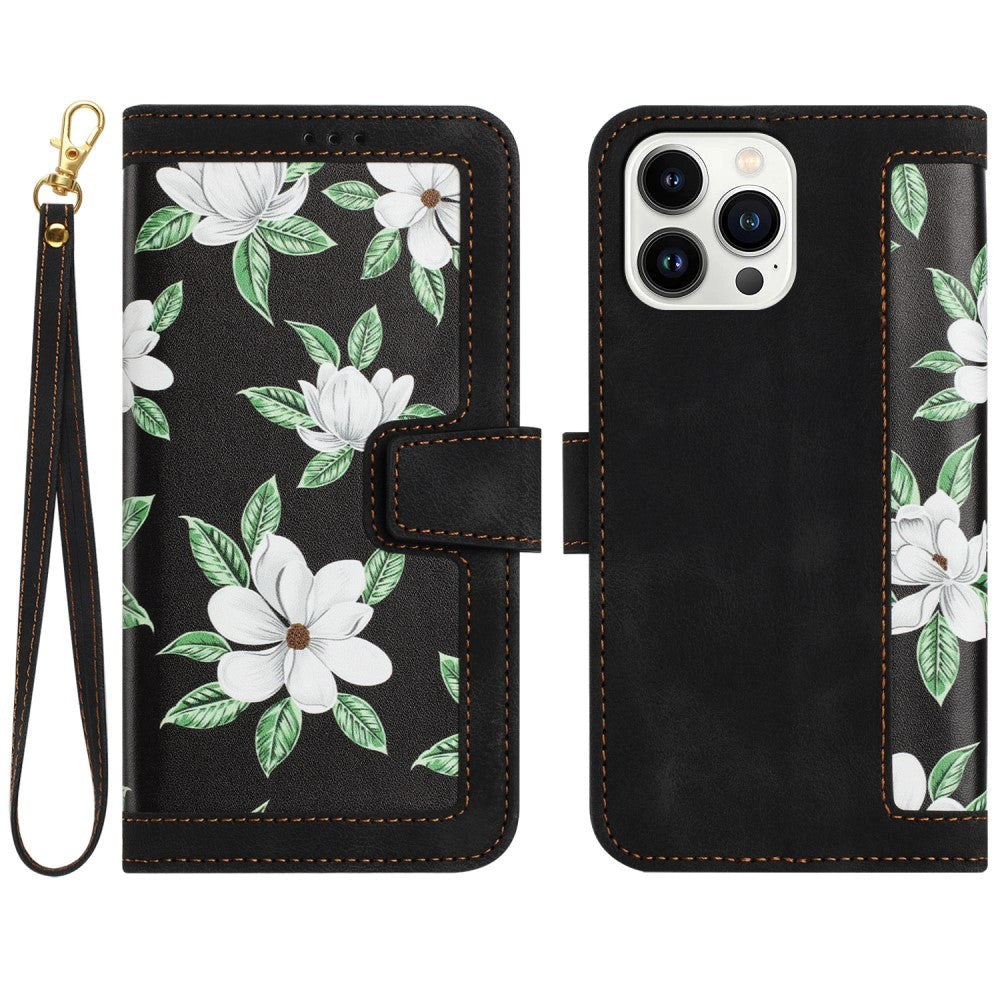 iPhone 15 Pro Læder Flip Cover m. Pung & Strop - Sort m. Blomster