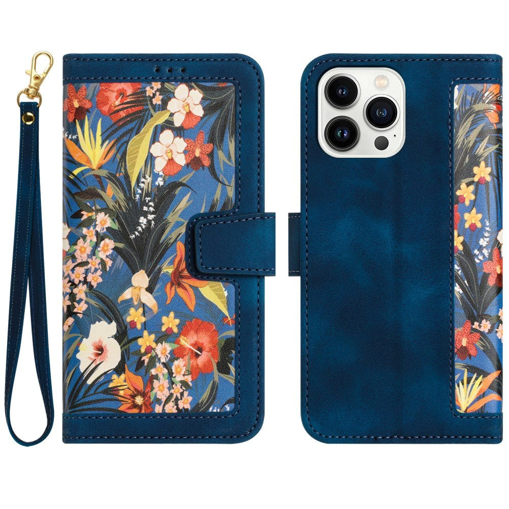 iPhone 15 Pro Læder Flip Cover m. Pung & Strop - Mørkeblå m. Blomster