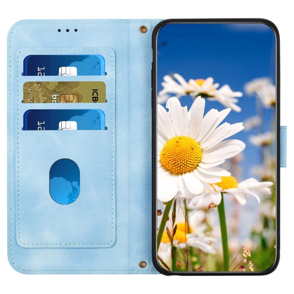 iPhone 15 Leather Flip Cover m. Blomstertrykk - Blå