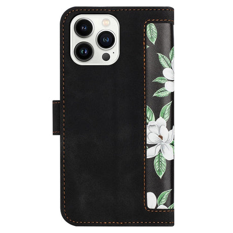 iPhone 15 Læder Flip Cover m. Pung & Strop - Sort m. Blomster