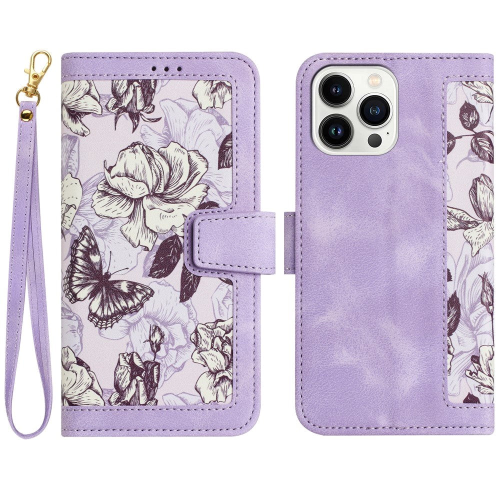 iPhone 15 Pro Max Læder Flip Cover m. Pung & Strop - Lilla m. Blomster og Sommerfugl