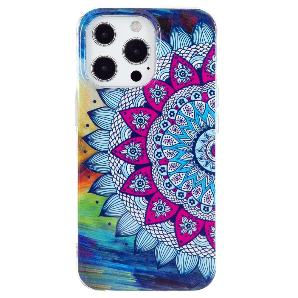 iPhone 15 Pro Selvlysende Fleksibel Bagside Cover af Plastik m. Print - Mandala Blomst