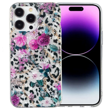 iPhone 15 Pro Fleksibel Plastik Bagside Cover - Leopard og Blomster Mønster