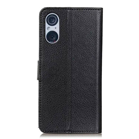 Sony Xperia 5 V Litchi Læder Flip Cover m. Pung - Sort