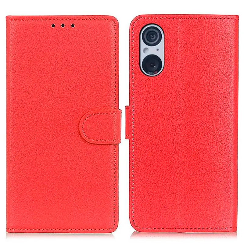 Sony Xperia 5 V Litchi Læder Flip Cover m. Pung - Rød