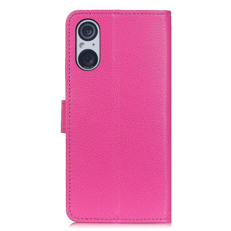 Sony Xperia 5 V Litchi Læder Flip Cover m. Pung - Pink