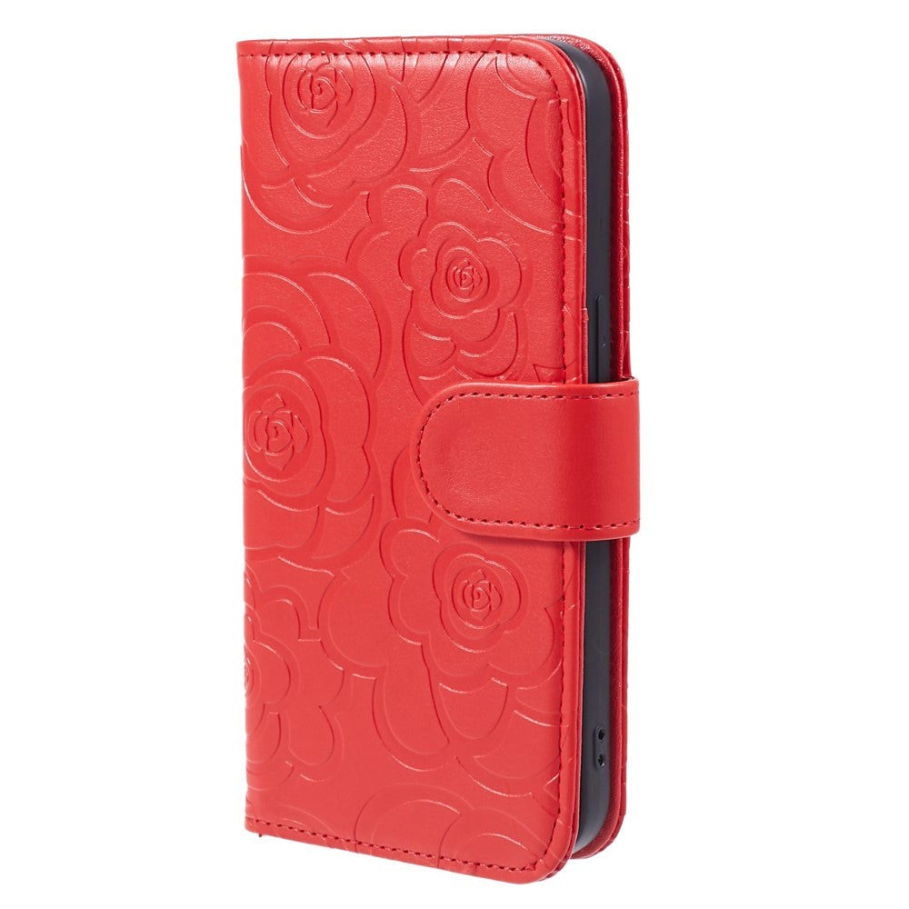 iPhone 15 Pro Max Læder Flip Cover m. Pung og Strop - Kamelia Blomst - Rød