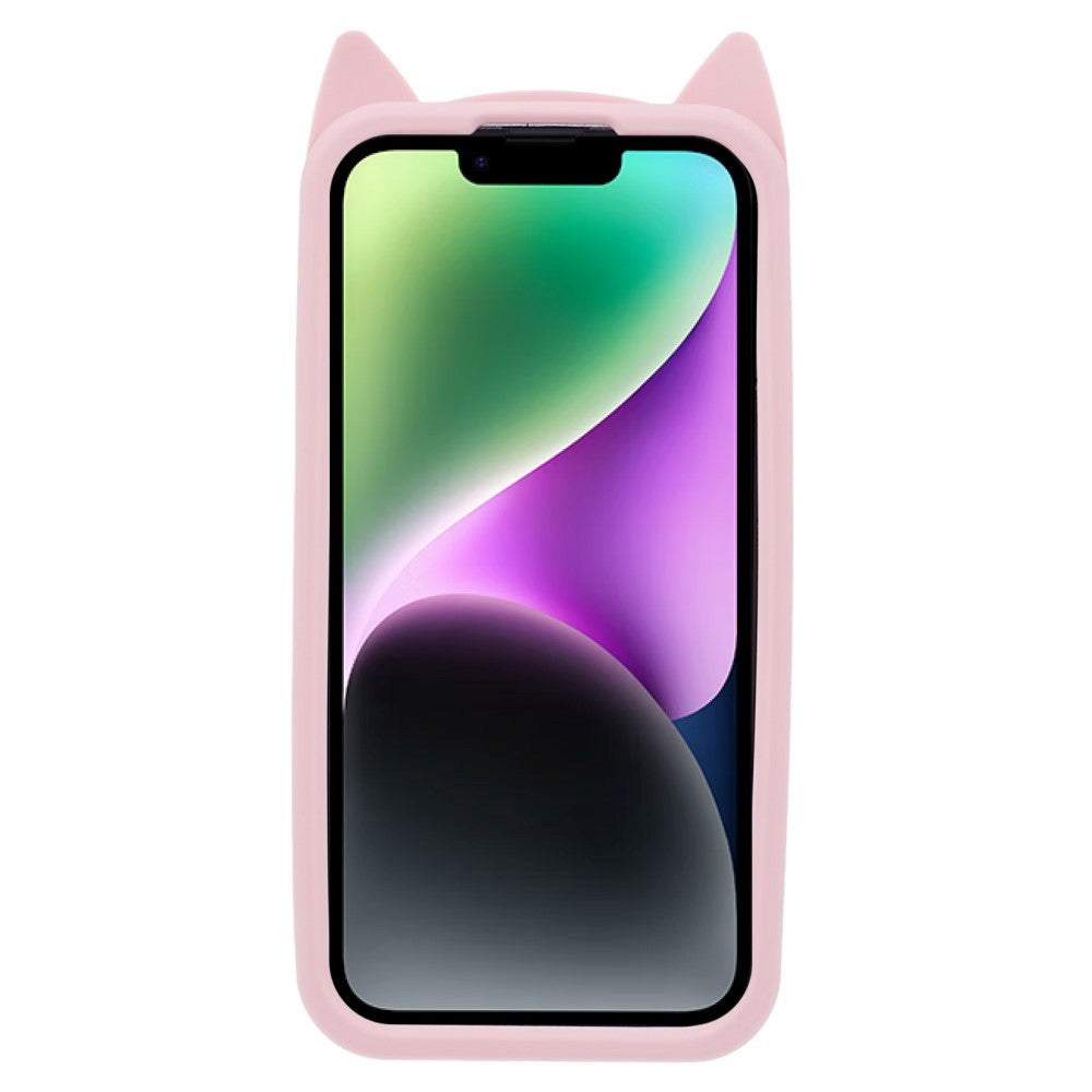 iPhone 14 Silikone Bagside Cover m. 3D Kat - Lyserød