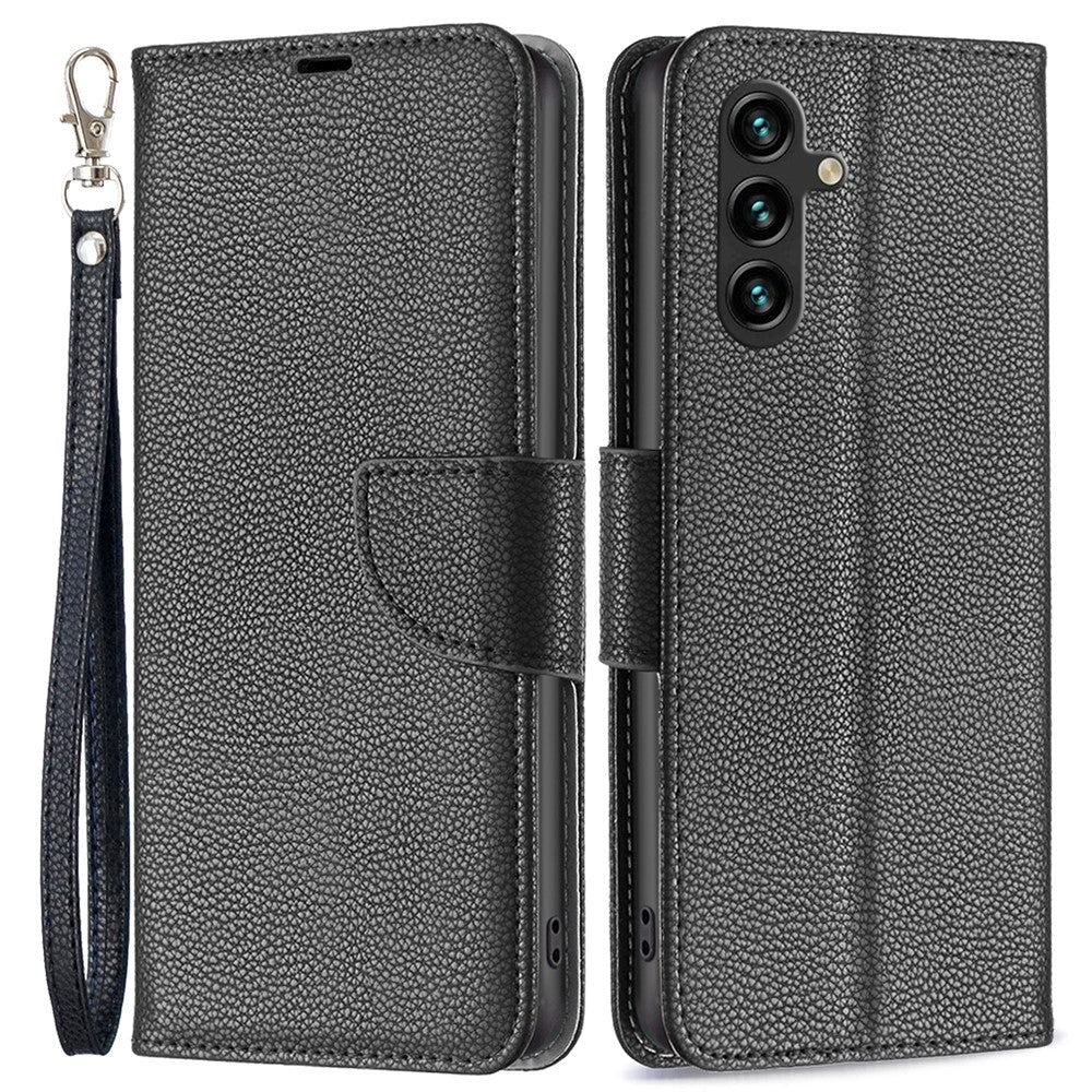 Samsung Galaxy A15 (5G) / A15 PU Litchi Læder Flip Cover m. Pung & Strop - Sort