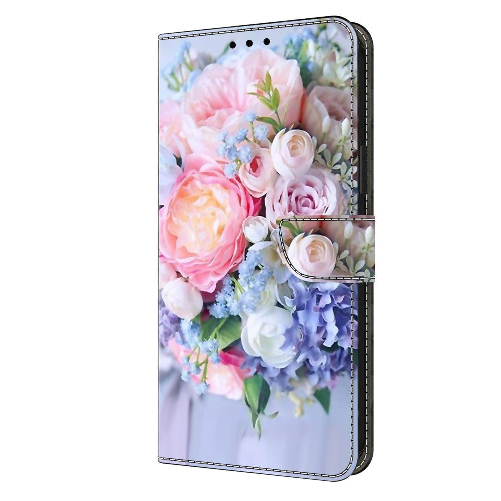 Motorola Moto G54 Læder Flip Cover m. Pung & Print - Blomsterbuket