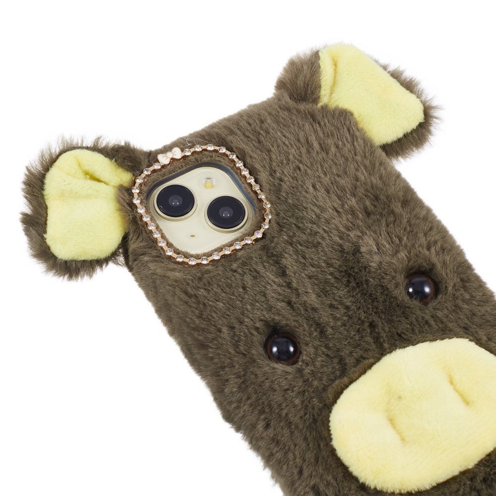 iPhone 15 Fleksibelt Plastik Bagside Cover m. Pels - Gris - Grøn / Gul