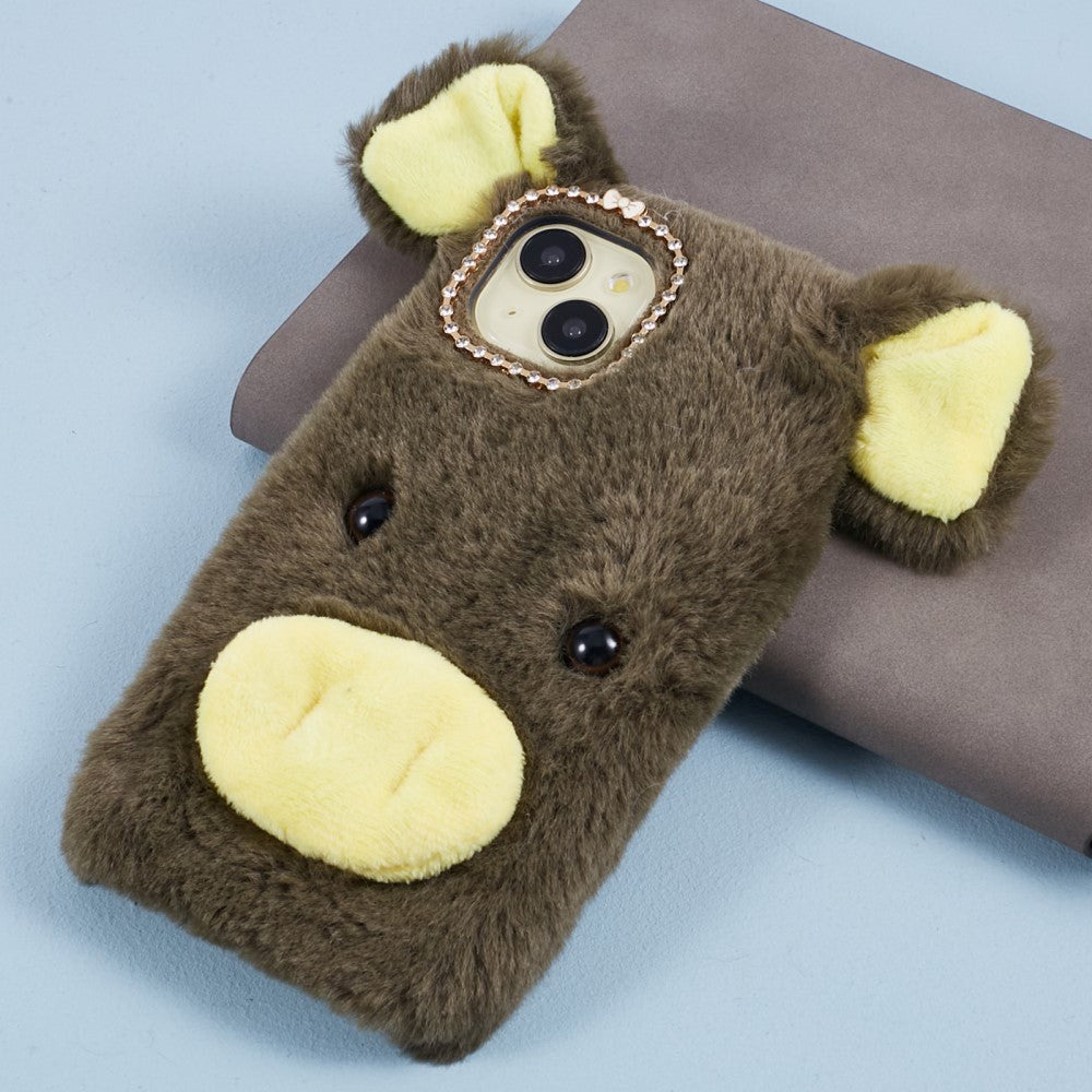 iPhone 15 Fleksibelt Plastik Bagside Cover m. Pels - Gris - Grøn / Gul