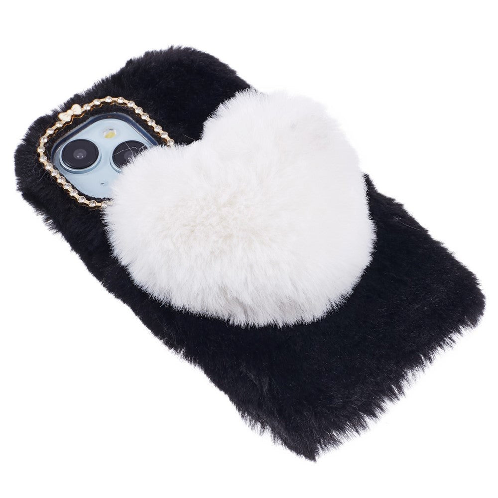 iPhone 15 Fleksibelt Plastik Bagside Cover m. Pels - Hjerte - Sort / Hvid