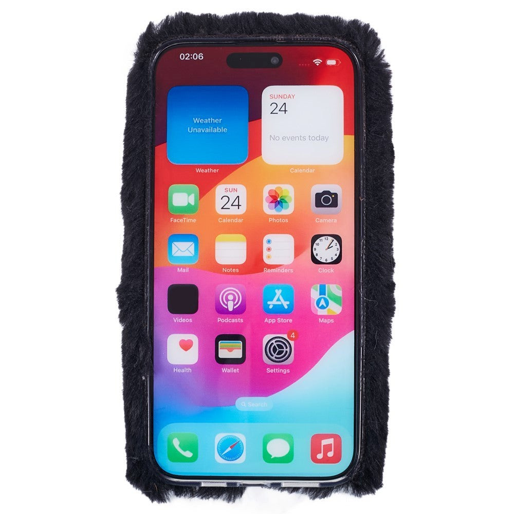 iPhone 15 Pro Fleksibelt Plastik Bagside Cover m. Pels - Hjerte - Sort / Hvid