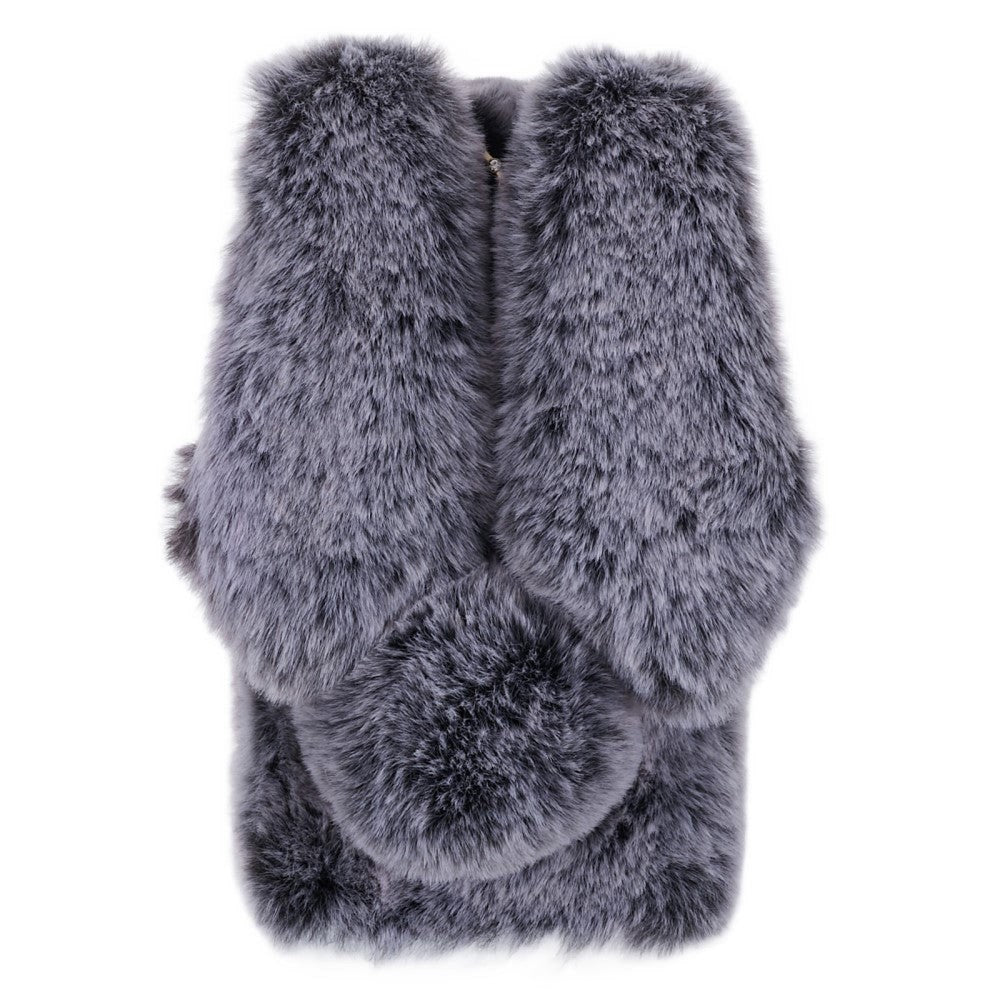 iPhone 15 Fleksibelt Plastik Bagside Cover m. Pels - Kaninører - Grå