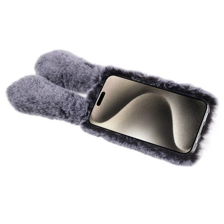 iPhone 15 Fleksibelt Plastik Bagside Cover m. Pels - Kaninører - Grå