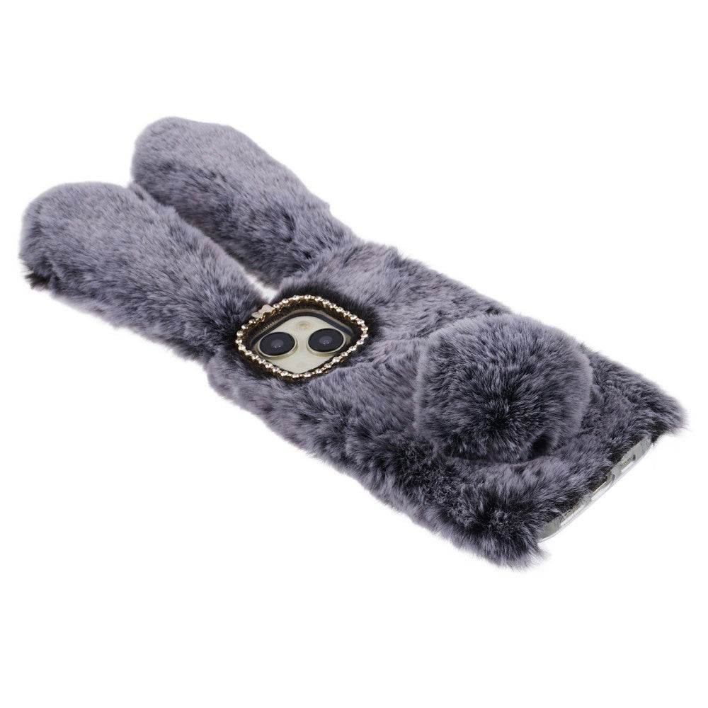 iPhone 15 Fleksibelt Plastik Bagside Cover m. Pels - Kaninører - Grå