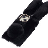 iPhone 15 Fleksibelt Plastik Bagside Cover m. Pels - Kaninører - Sort