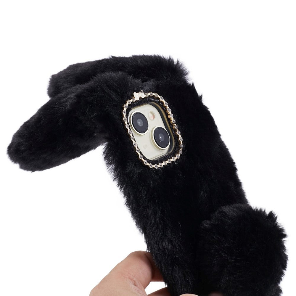 iPhone 15 Fleksibelt Plastik Bagside Cover m. Pels - Kaninører - Sort