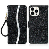 iPhone 15 Pro Læder Flip Cover m. Pung & Strop - Glitter Design - Sort