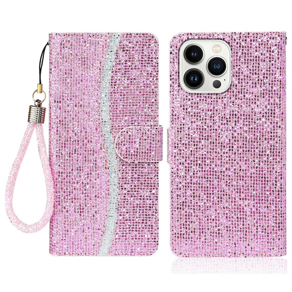 iPhone 15 Pro Læder Flip Cover m. Pung & Strop - Glitter Design - Lyserød