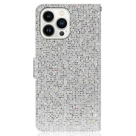 iPhone 15 Pro Læder Flip Cover m. Pung & Strop - Glitter Design - Sølv