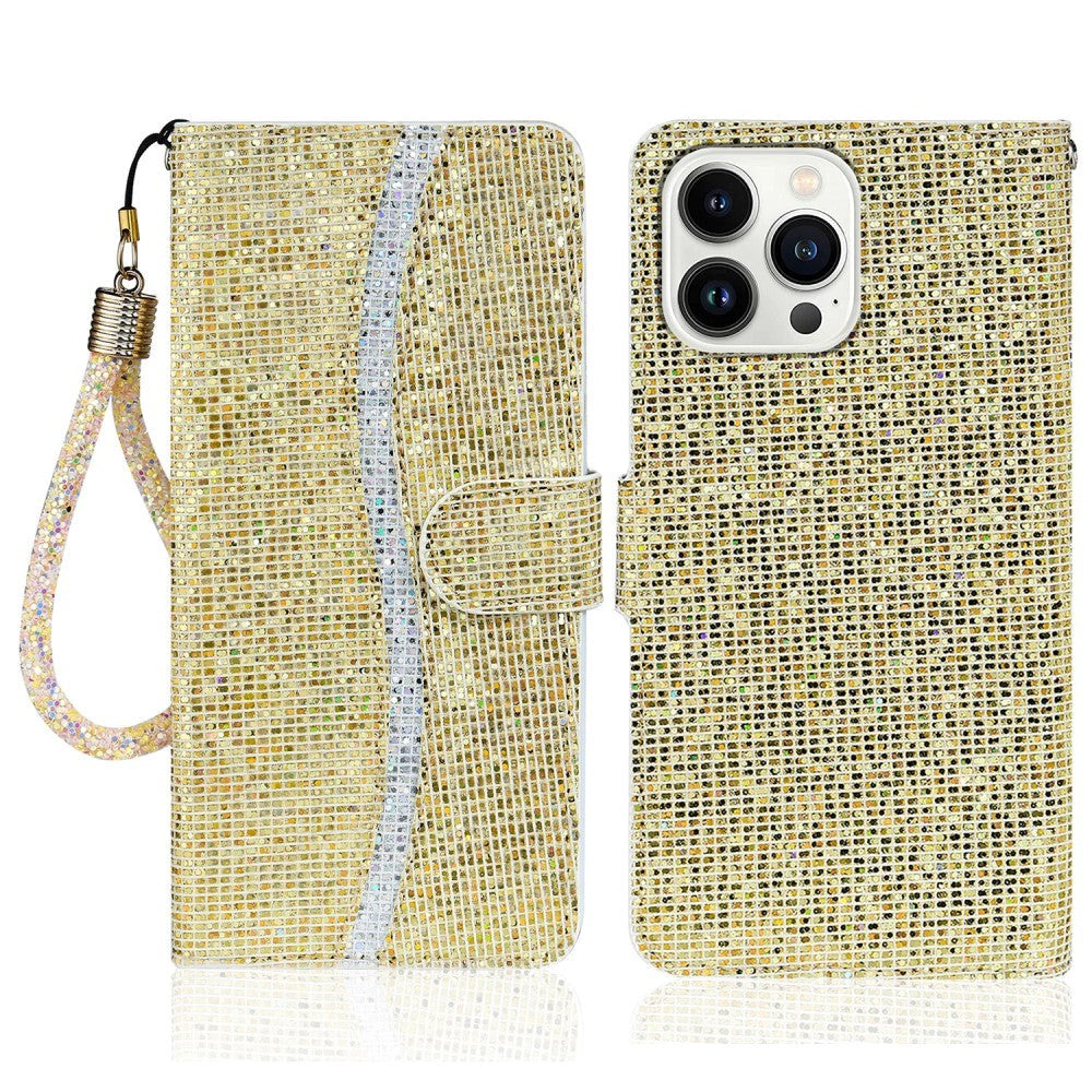 iPhone 15 Pro Læder Flip Cover m. Pung & Strop - Glitter Design - Guld