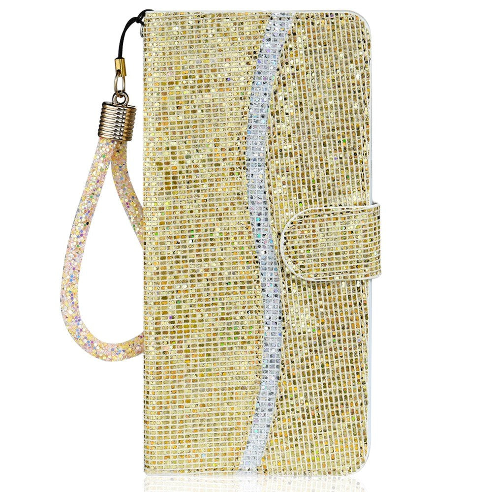 iPhone 15 Pro Læder Flip Cover m. Pung & Strop - Glitter Design - Guld