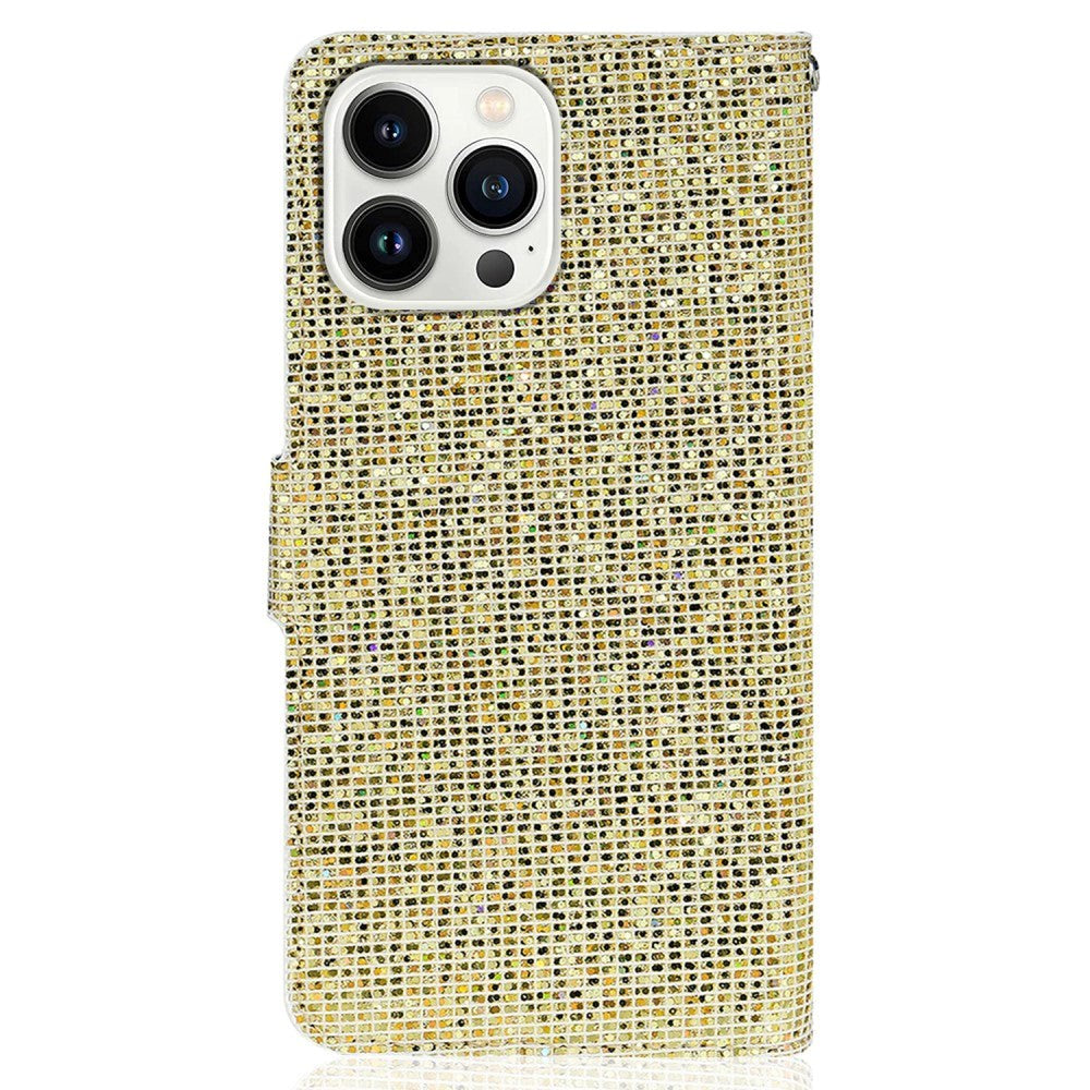 iPhone 15 Pro Læder Flip Cover m. Pung & Strop - Glitter Design - Guld