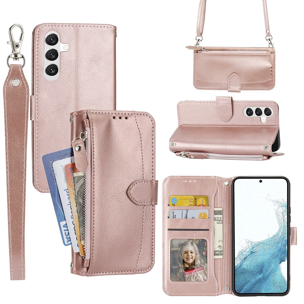 Samsung Galaxy A25 (5G) Læder Flip Cover m. Lynlåslomme & Strop - Rose Gold