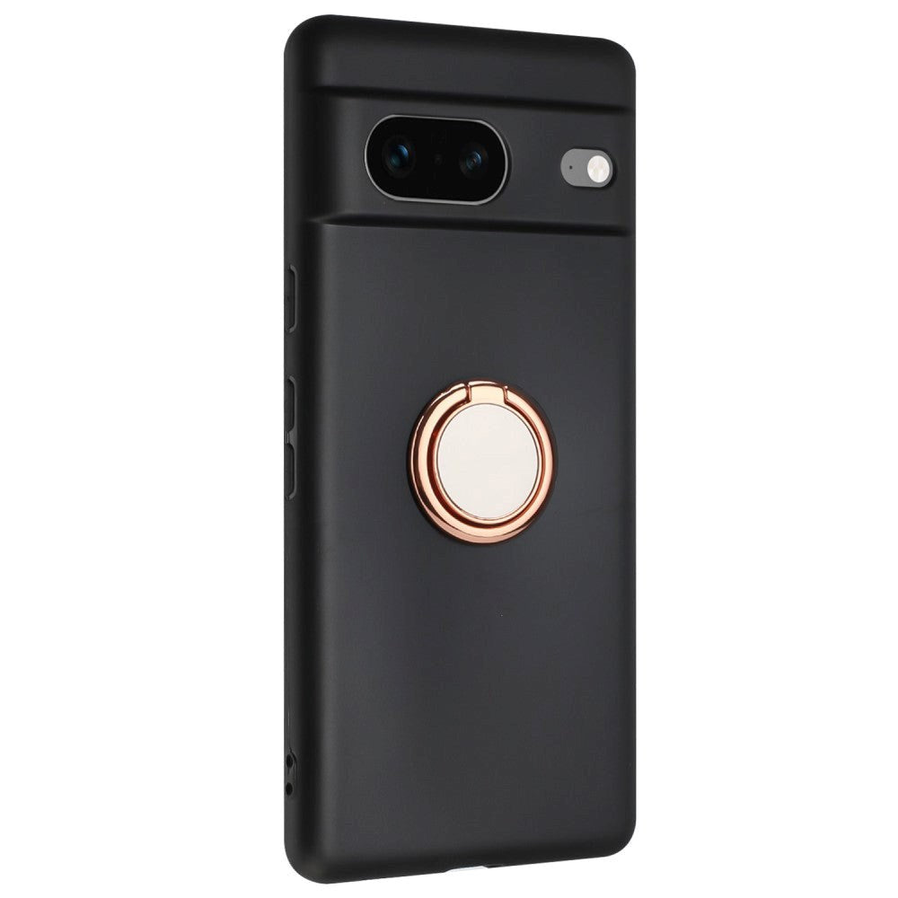 Google Pixel 8a Fleksibelt Plastik Bagside Cover m. Ring Kickstand - Sort m. Magnetisk Rose Gold Ring