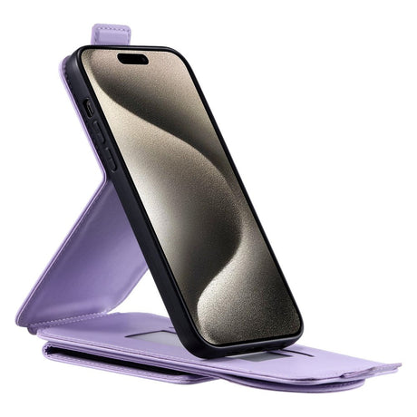 iPhone 15 Pro Vertikalt Kunst Læder Flip Cover m. Pung / Ståfunktion / Strop - Lilla