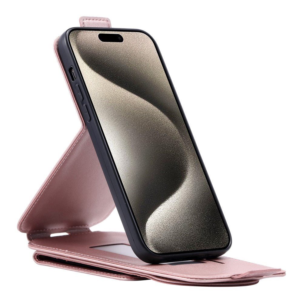 iPhone 15 Pro Vertikalt Kunst Læder Flip Cover m. Pung / Ståfunktion / Strop - Rose Gold