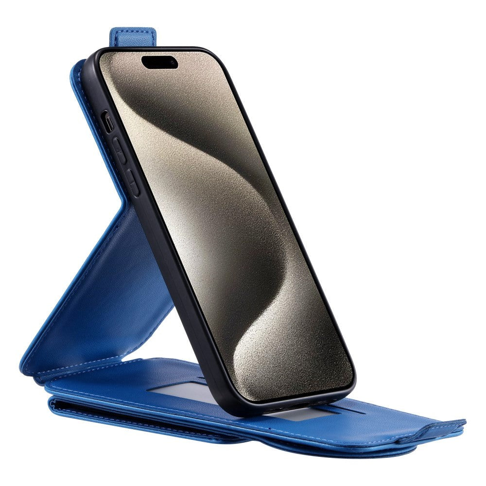 iPhone 15 Pro Vertikalt Kunst Læder Flip Cover m. Pung / Ståfunktion / Strop - Blå