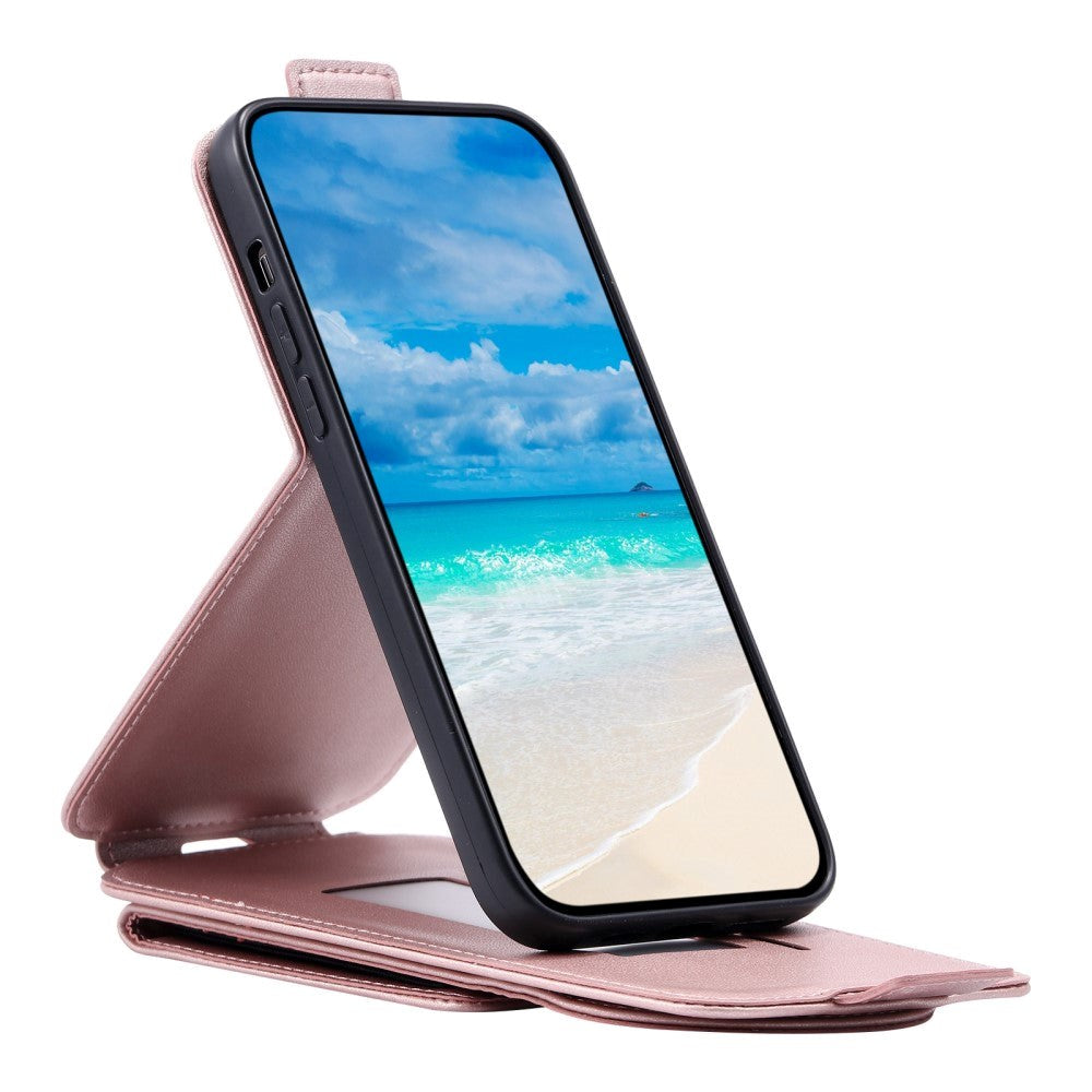 iPhone 15 Vertikalt Kunst Læder Flip Cover m. Pung / Ståfunktion / Strop - Rose Gold