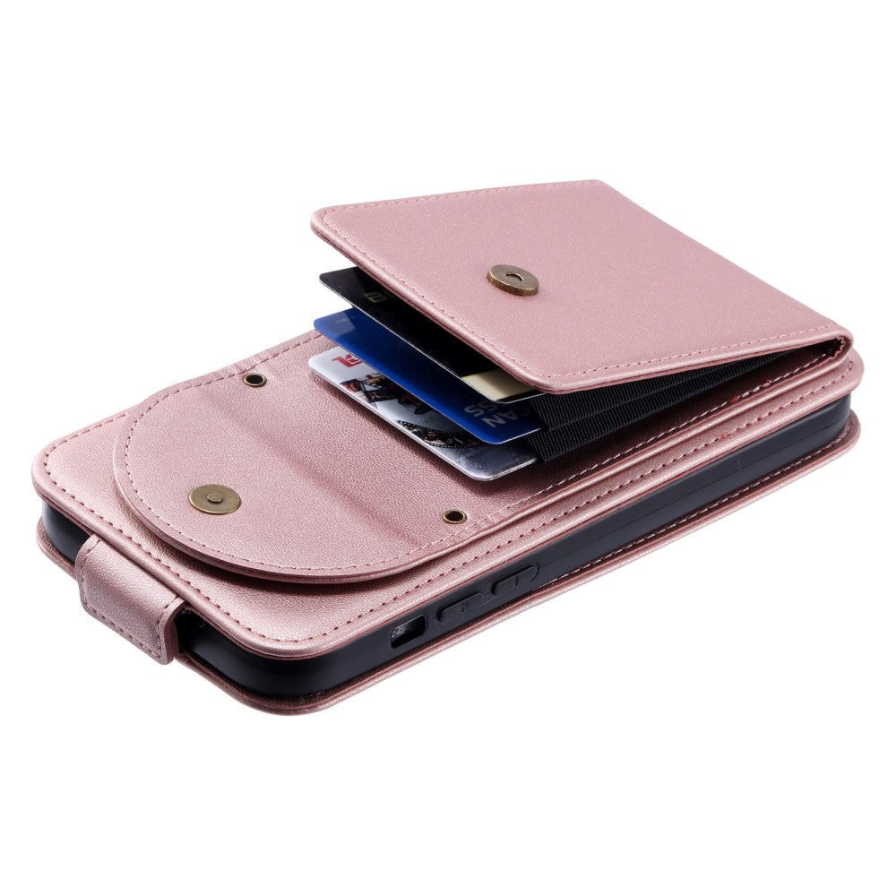 iPhone 15 Vertikalt Kunst Læder Flip Cover m. Pung / Ståfunktion / Strop - Rose Gold