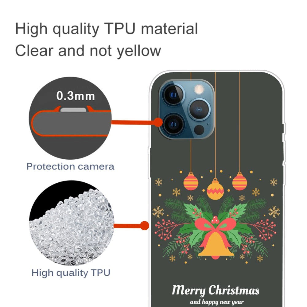 iPhone 15 Pro Fleksibelt Plast Bagside Jule Cover - Merry Christmas - Julekrans og Juleklokke