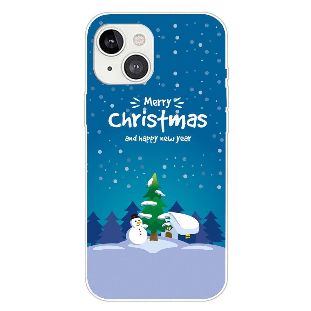 iPhone 15 Fleksibelt Plast Bagside Jule Cover - Merry Christmas - Snemand og Juletræ